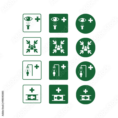 Set of emergency safety signs illustrating eye wash station assembly point shower and stretcher symbols