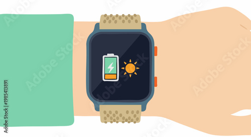 Smartwatch's Solar Power: This image features a wrist-worn smartwatch displaying a battery icon alongside a sun symbol, highlighting its solar charging capabilities.