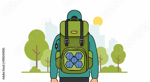 Eco-Friendly Explorer: A person with green jacket, exploring a city park, embodies the spirit of sustainable travel and environmental awareness. equipped with a solar-powered backpack.