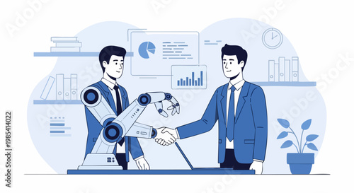 Harmony of Man and Machine: A visionary depiction of future collaboration, as a human and robot shake hands, symbolizing technological integration and progress. 