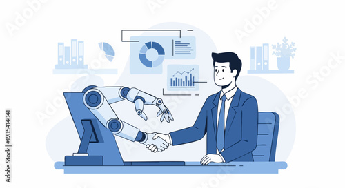 AI Collaboration: A business professional seals a deal with a robotic arm, symbolizing the synergy between human innovation and technological advancement in a modern workspace.