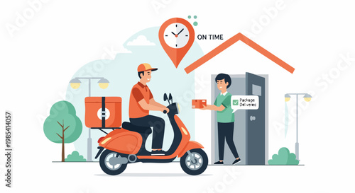 On-time Delivery: A person on a scooter, meticulously delivering a package directly to the customer's doorstep with a promise of efficiency and punctuality.