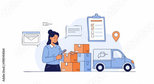 Logistics at Work: A diligent delivery woman meticulously manages the dispatch of parcels, ensuring that each package is correctly labeled and loaded, ready for timely delivery.