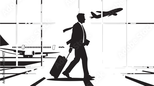 Business Travel Silhouette of Man with Luggage at Airport Terminal for Global Commuter Concepts