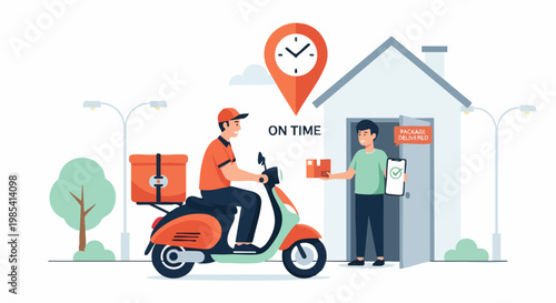 Swift Delivery: A cheerful delivery person, arrives promptly on a scooter with a package ready to be handed over to a waiting recipient, symbolizing seamless service and efficiency.