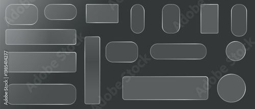 Liquid glass vector buttons and round circle in different shapes. Liquid glass collection of transparent, rounded buttons and shapes, showcasing a modern aesthetic for UI designs