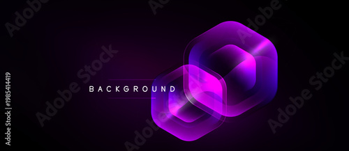 Dark background features layered hexagons. Vibrant purple glows emanate from shapes, creating modern aesthetic. Minimalist design, sleek presentation.