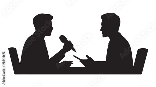 Podcast Interview Silhouette of Two Men Talking with Microphone for Media Broadcast and Radio Studio Concepts