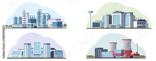 Multiple factory set scenes in clean flat style on soft colored backgrounds showing industrial concepts for production facilities. Vector illustration