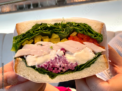 Wallpaper Mural サンドイッチ ─ 両手で持った断面アップ・チキン・野菜たっぷり Torontodigital.ca