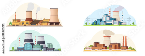 Multiple factory power plant buildings shown in flat style on backgrounds, concept of energy production. Vector illustration