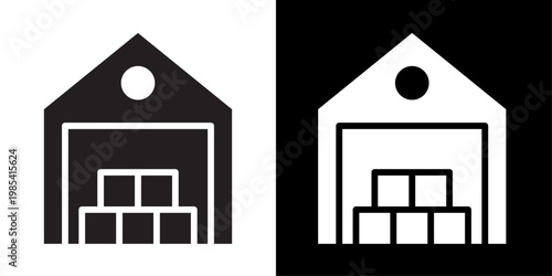 Warehouse icon in solid style representing storage facility, logistics operations, inventory management, distribution and supply chain concept.