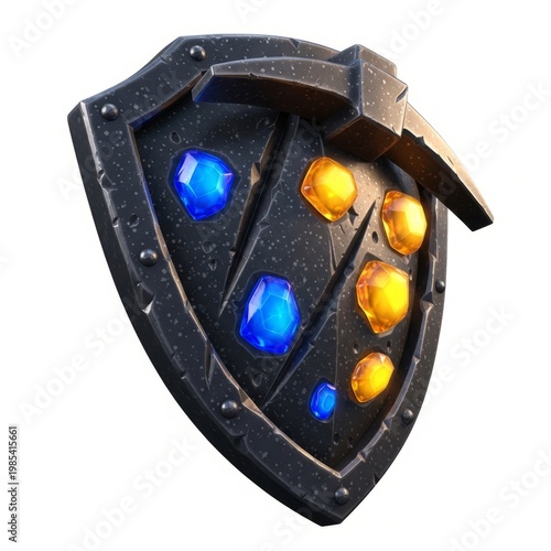 Dark Shield With Embedded Blue And Yellow Gemstones And A Pickaxe Accent