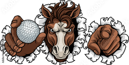 Horse mustang bronco stallion angry golf sports team mascot holding a ball.
