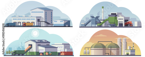 Four factory scenes in flat style on backgrounds showing industrial concepts and processing facilities. Vector illustration