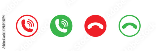 Vector phone icon set. Phone icon button. Phone icon in flat style. Green Calling and red hang-up symbol collection. Ringing phone icon set. Telephone call sign. Phone call icon accept & decline icon.