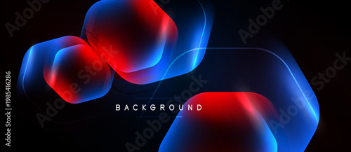 Abstract design features vibrant red, blue glowing shapes. Dark background enhances luminosity, creating modern aesthetic.