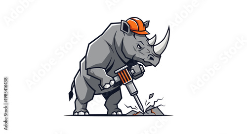 Powerful Rhino Construction Worker Mascot Illustration with Jackhammer and Safety Helmet Breaking Ground, Symbolizing Strength and Resilience