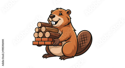 Cheerful cartoon beaver character diligently carrying logs and bricks for construction, showcasing hard work and building nature