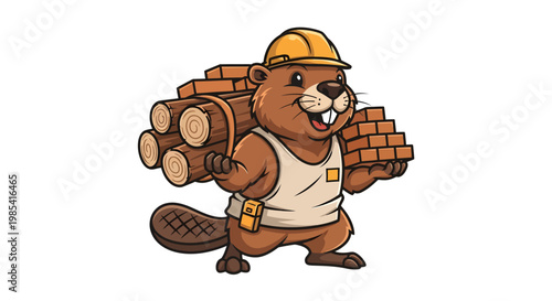 Smiling Cartoon Beaver Builder Wearing Hard Hat and Tool Belt, Industriously Carrying Logs and Bricks for Construction Projects