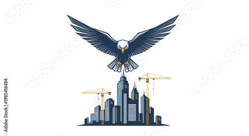 Majestic Eagle Soaring Above a Dynamic City Skyline Under Construction, Symbolizing Growth, Freedom, and Progress for Ambitious Enterprises