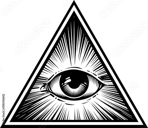 All seeing eye of providence inside a radiant triangle. Vintage woodcut etching style masonic symbol with sunrays and intricate linework. Esoteric, occult icon isolated on white background.