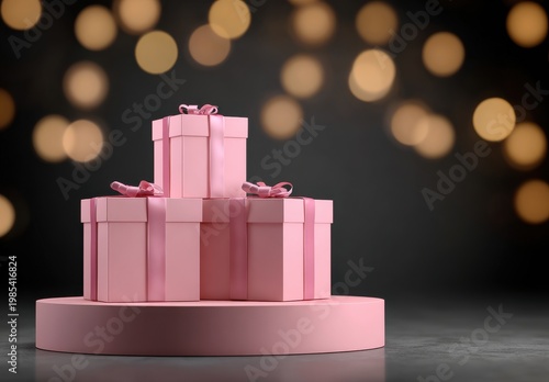 Pink Gift Boxes Stacked On A Pedestal With Bokeh Lights Background