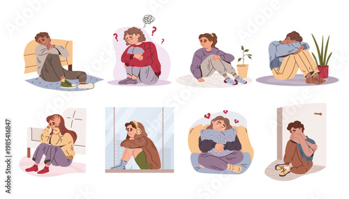 Several sad people sitting in various poses, cartoon style, on white background, concept of depression disorder and emotion sadness. Vector illustration