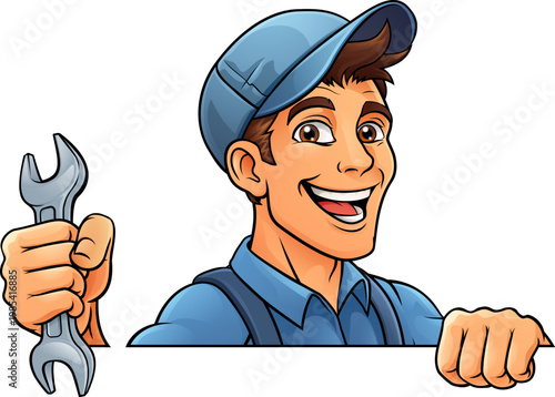 A handyman, mechanic, plumber or other construction cartoon mascot man holding a wrench or spanner tool.