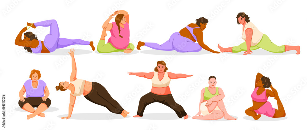 Obraz premium Women doing various yoga poses in flat style on white background, concept of body positivity and wellness. Vector illustration