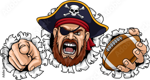 A Pirate man holding American Football ball and pointing sports team cartoon charcater mascot illustration.