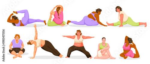 Women doing various yoga poses in flat style on white background, concept of body positivity and wellness. Vector illustration