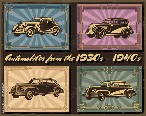 Automobiles from the 1930s - 1940s,  Retro Cars Poster Set, Art Deco Frames, Classic Automobiles, 1930s Color Palette