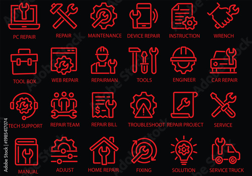 Repair line icon set. Editable Stroke. Maintenance, wrench, fixing, service, tools, repairman, engineer, troubleshoot - stock vector.