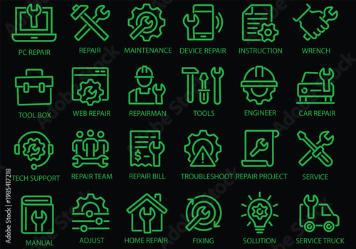 Repair line icon set. Editable Stroke. Maintenance, wrench, fixing, service, tools, repairman, engineer, troubleshoot - stock vector.