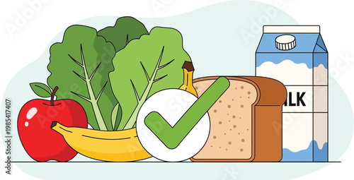 Fresh healthy groceries including bread milk apple banana and leafy green vegetables showing a positive check mark for balanced nutrition