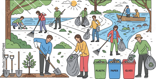 Dedicated group of volunteers working together to clean up a public park by collecting litter and planting new trees