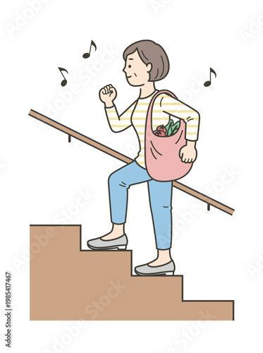 元気に階段を上るミドル世代の女性のイラスト
