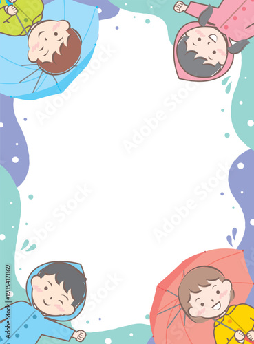 傘をさす合羽姿の子供たちのフレーム　梅雨　雨の日