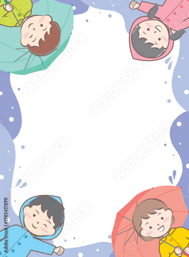 傘をさす合羽姿の子供たちのフレーム　梅雨　雨の日