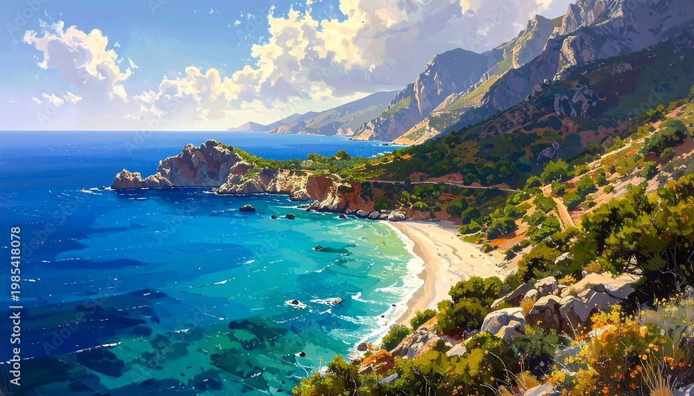 Fototapeta premium A serene coastal landscape with a sandy beach (1)