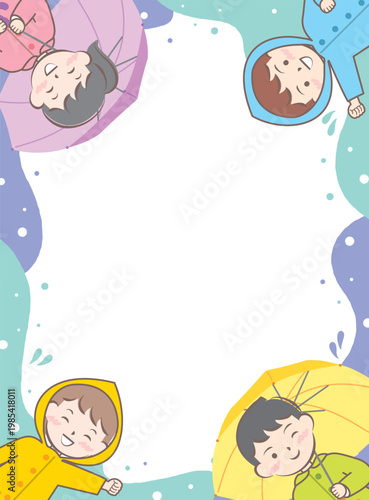 傘をさす合羽姿の子供たちのフレーム　梅雨　雨の日