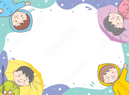 傘をさす合羽姿の子供たちのフレーム　梅雨　雨の日