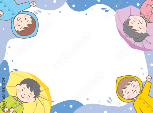 傘をさす合羽姿の子供たちのフレーム　梅雨　雨の日