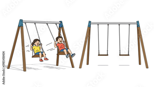 Happy boy and girl playing on a wooden swing set next to another empty swing set in a flat illustration style for outdoor activities and concepts.