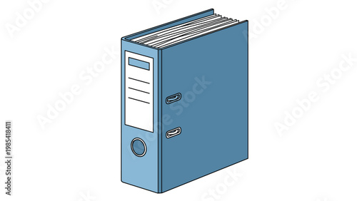 Single blue ring binder folder standing upright and filled with documents in an isometric view on a clean white background for office and school use.