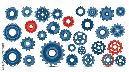 Large group of mechanical blue and red gears of different sizes and shapes arranged together to symbolize teamwork and industrial factory process.