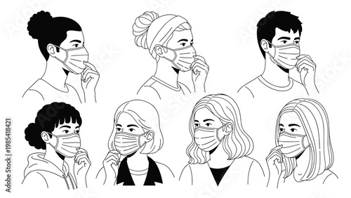 Black and white line art portraits of seven diverse people wearing protective face masks for health and safety in various views and poses for care.