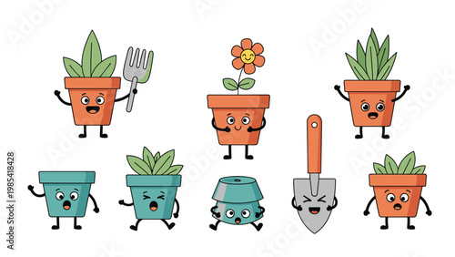 Cute garden character set featuring various plant pots with faces and gardening tools like a hand trowel and fork on a white background for hobbies.