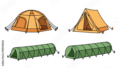 Four different styles of camping tents including two orange dome tents and two green tunnel tents shown from various angles on a white background.